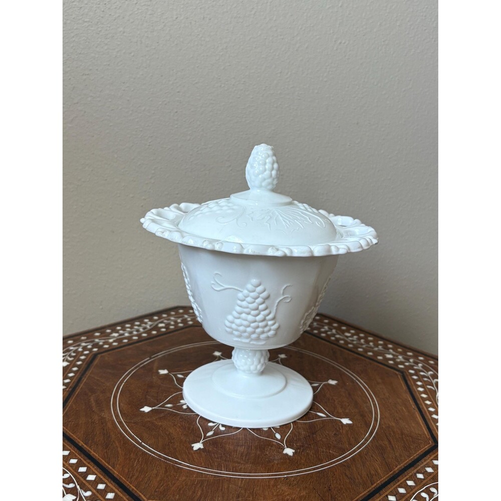 Vintage Indiana Glass Harvest Grape Milk Glass Compote Candy Dish with Lid